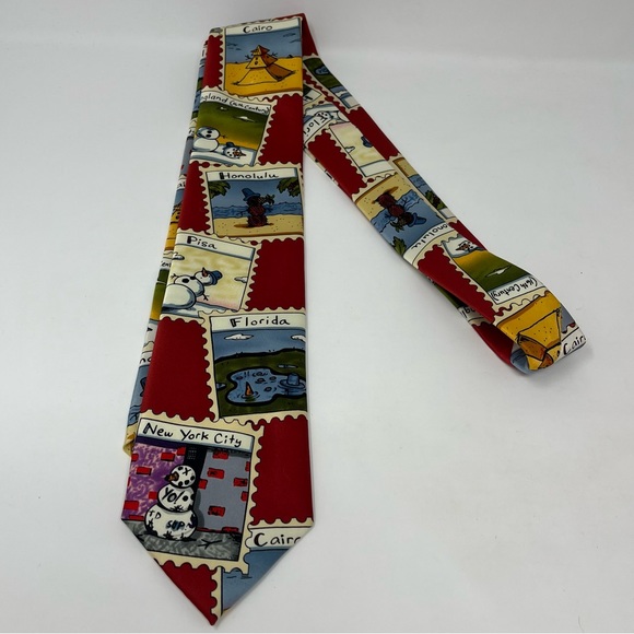 Mens Christmas Holiday Neck Tie Red Snowman Stamps World Cities NYC Honolulu - Picture 1 of 7